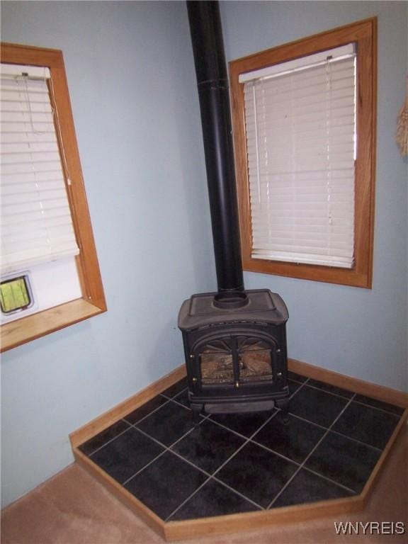 detailed view of a wood stove and baseboards