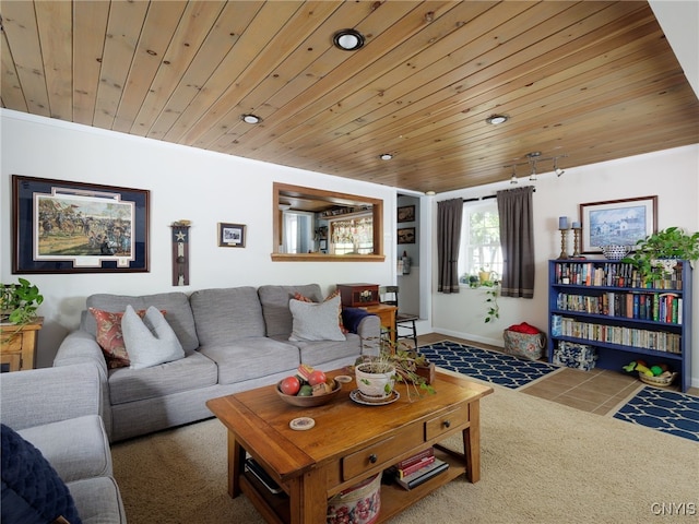 127 W St, Rutland, NY 13612 - carpeted living room featuring wooden ceiling, tile patterned floors, recessed lighting, and baseboards