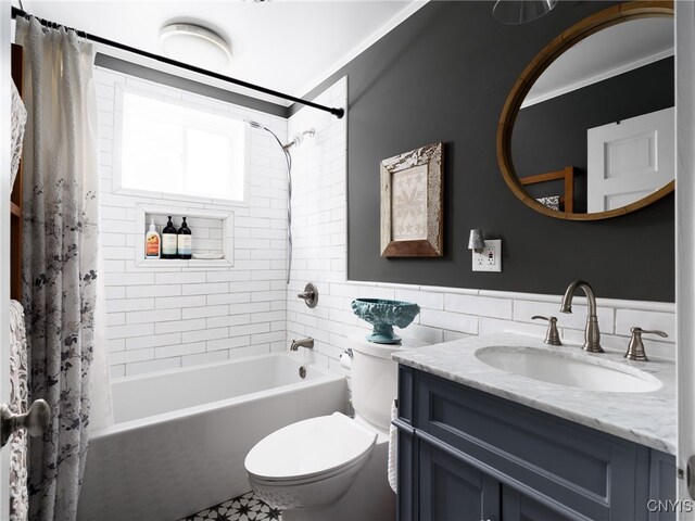 127 W St, Rutland, NY 13612 - full bathroom with shower / bathtub combination with curtain, toilet, tile walls, and vanity