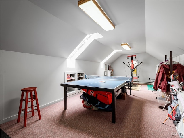127 W St, Rutland, NY 13612 - recreation room featuring carpet, lofted ceiling, a baseboard heating unit, a skylight, and baseboards
