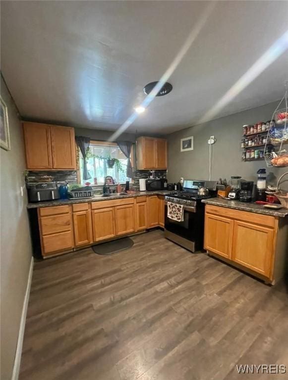 13209 Miller Ave, Sardinia, NY 14030 - kitchen featuring stainless steel gas range, a sink, backsplash, and dark wood finished floors