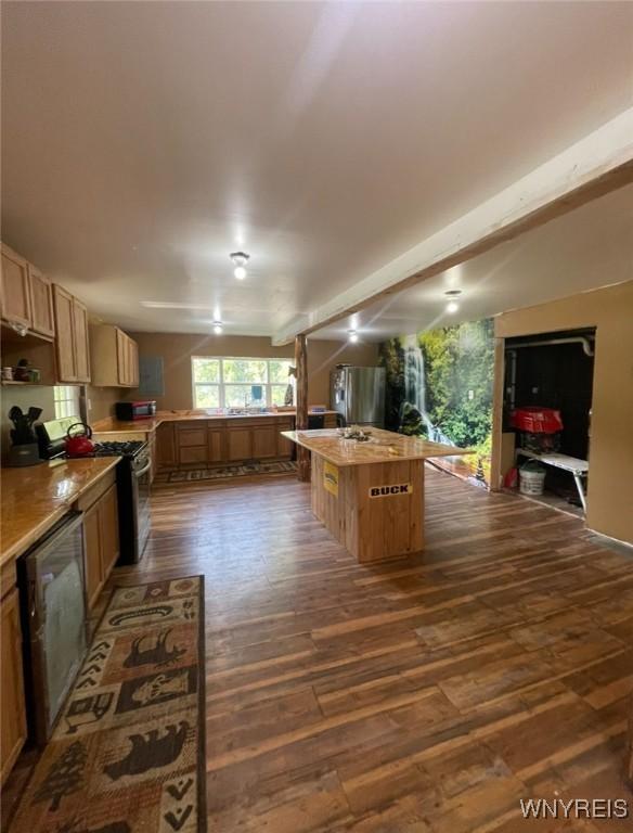 13209 Miller Ave, Sardinia, NY 14030 - kitchen with dark wood finished floors, appliances with stainless steel finishes, a center island, and light countertops