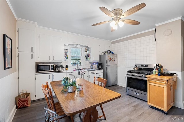 119 Charles Ave, Geddes, NY 13209 - kitchen featuring appliances with stainless steel finishes, light wood finished floors, ornamental molding, ceiling fan, and decorative backsplash