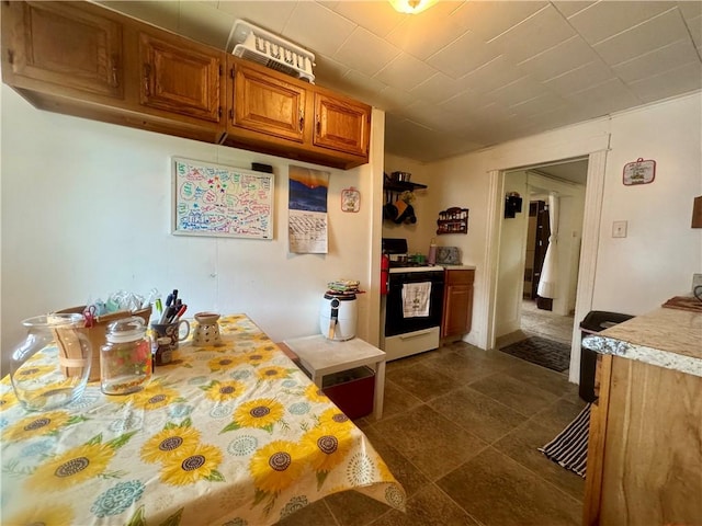 11 Gilbert St, Oneonta-City, NY 13820 - kitchen featuring white gas stove, light countertops, and brown cabinetry