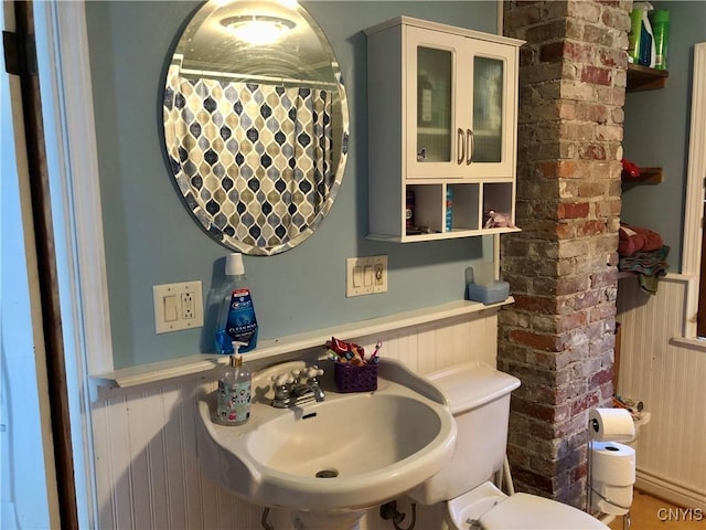 136 Charles St, Watertown-City, NY 13601 - bathroom with a sink, wainscoting, toilet, and wooden walls