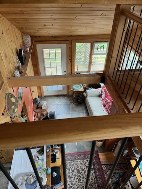 462 Winney Hill Rd, Oneonta-Town, NY 13820 - living area featuring wood ceiling and wooden walls