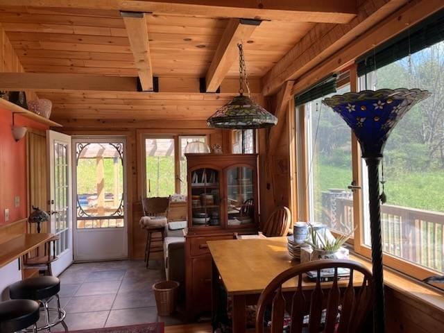 462 Winney Hill Rd, Oneonta-Town, NY 13820 - dining area featuring wooden ceiling, healthy amount of natural light, beam ceiling, light tile patterned floors, and wood walls
