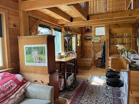 462 Winney Hill Rd, Oneonta-Town, NY 13820 - living room featuring plenty of natural light, wood walls, stairway, wood finished floors, and beam ceiling