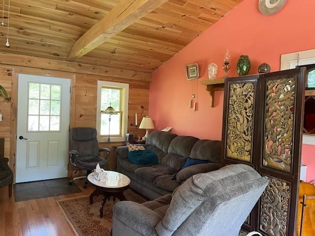 462 Winney Hill Rd, Oneonta-Town, NY 13820 - living area with wooden ceiling, hardwood / wood-style floors, and wooden walls