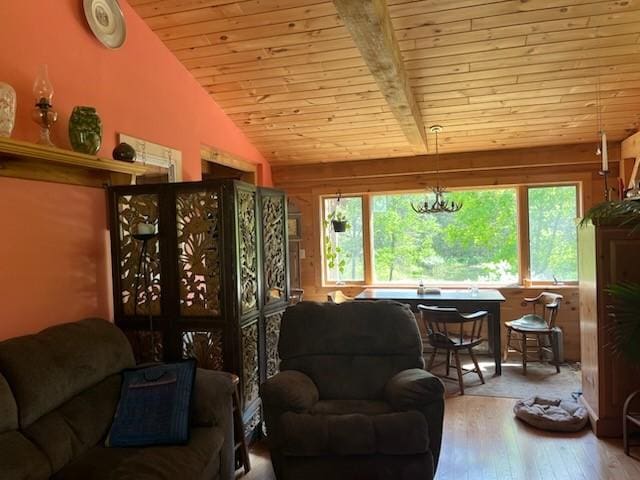 462 Winney Hill Rd, Oneonta-Town, NY 13820 - living room featuring wooden ceiling, lofted ceiling, and hardwood / wood-style flooring