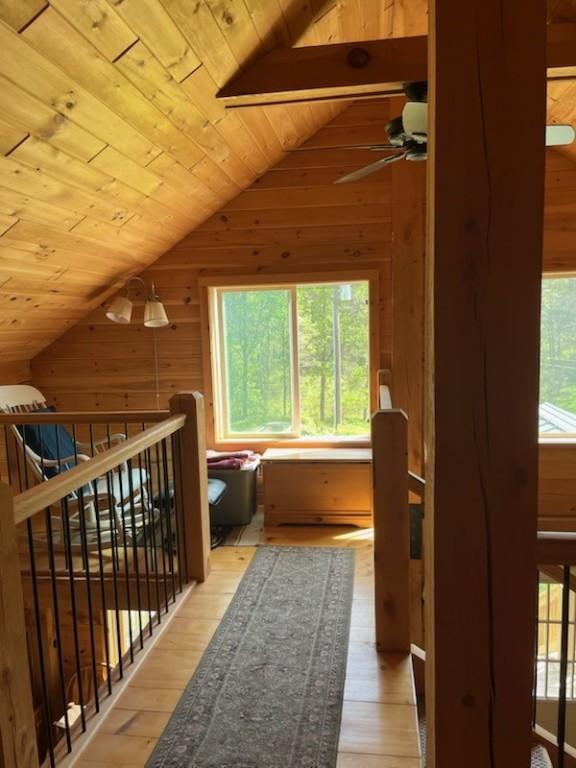 462 Winney Hill Rd, Oneonta-Town, NY 13820 - additional living space with lofted ceiling, wood ceiling, wooden walls, ceiling fan, and hardwood / wood-style flooring