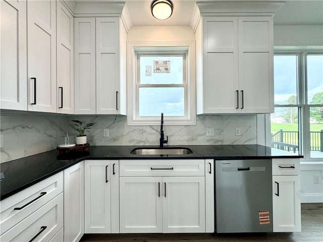 4 Brookwood Hills Dr, Big Flats, NY 14845 - kitchen with stainless steel dishwasher, a sink, tasteful backsplash, and dark countertops