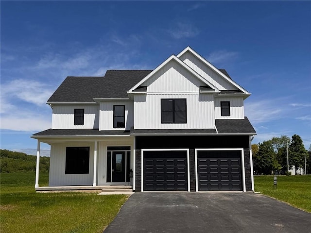4 Brookwood Hills Dr, Big Flats, NY 14845 - view of front of home featuring driveway, a front lawn, an attached garage, roof with shingles, and a porch