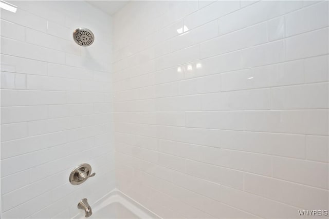 bathroom view of washtub / shower combination