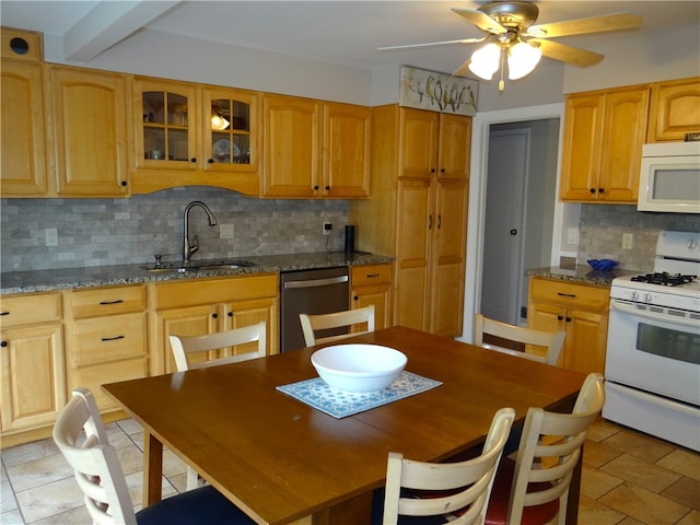 129 Daffodil Dr, Horseheads, NY 14845 - kitchen with white appliances, a sink, backsplash, glass insert cabinets, and ceiling fan