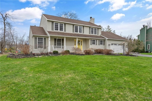 7619 Pico Ln, Lysander, NY 13027 - view of front of house with covered porch, a chimney, an attached garage, and a front yard