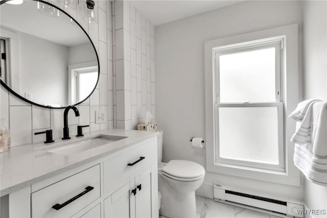 bathroom with marble look tile flooring, a baseboard heating unit, toilet, and vanity