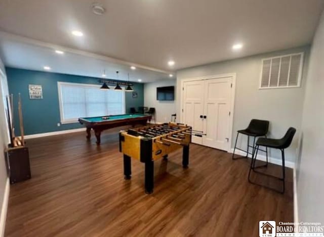 5518 Wells Bay Lakefront, North Harmony, NY 14710 - rec room featuring baseboards, dark wood-style floors, recessed lighting, and billiards table