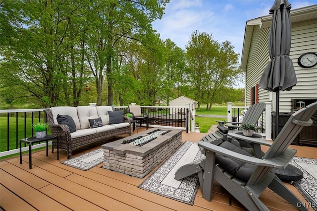 101 Pinehurst Ln, Augusta, NY 13425 - wooden terrace with an outdoor living space with a fire pit and view of scattered trees