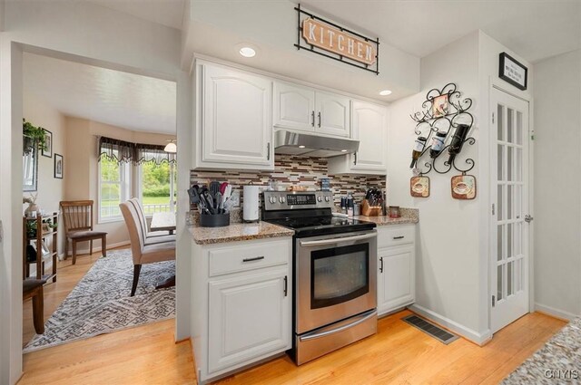 101 Pinehurst Ln, Augusta, NY 13425 - kitchen featuring stainless steel electric range oven, under cabinet range hood, tasteful backsplash, white cabinets, and light wood finished floors