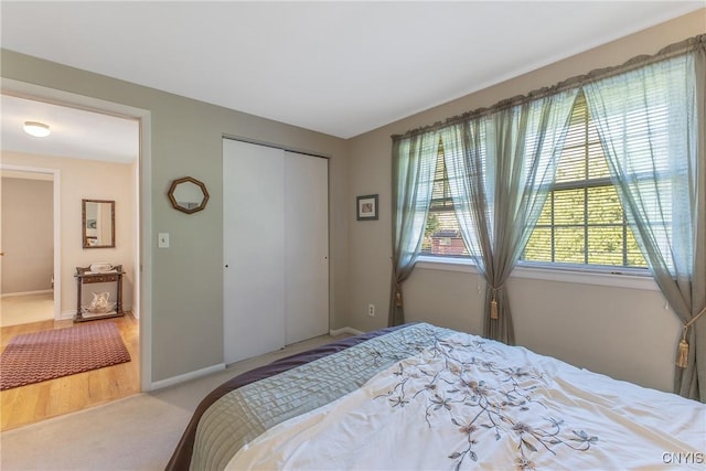 bedroom featuring carpet flooring, a closet, and baseboards