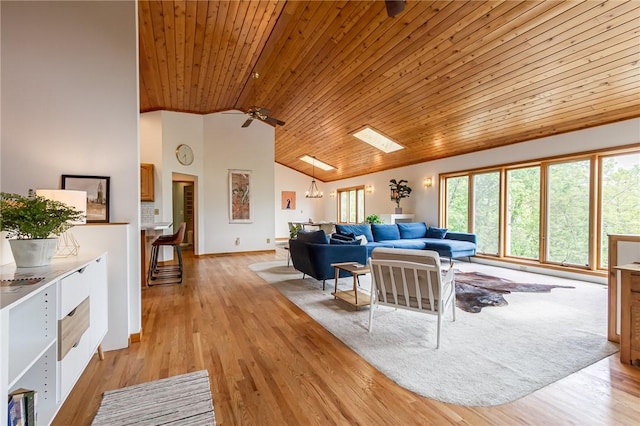 living area featuring wooden ceiling, a ceiling fan, high vaulted ceiling, light wood-style flooring, and baseboards
