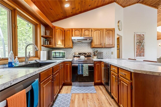 kitchen featuring stainless steel appliances, wooden ceiling, a sink, under cabinet range hood, and a peninsula