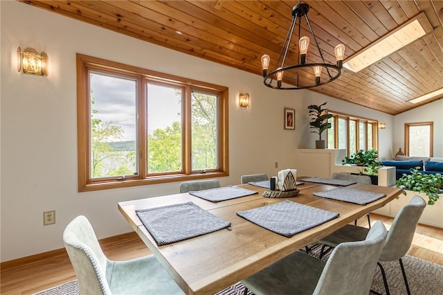 dining room with wood ceiling, a chandelier, plenty of natural light, wood finished floors, and vaulted ceiling