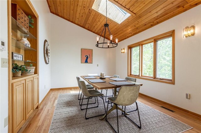 dining area featuring a skylight, wooden ceiling, a chandelier, light wood-style floors, and baseboards