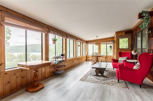 sunroom / solarium with wood walls, wood finished floors, plenty of natural light, and a jacuzzi