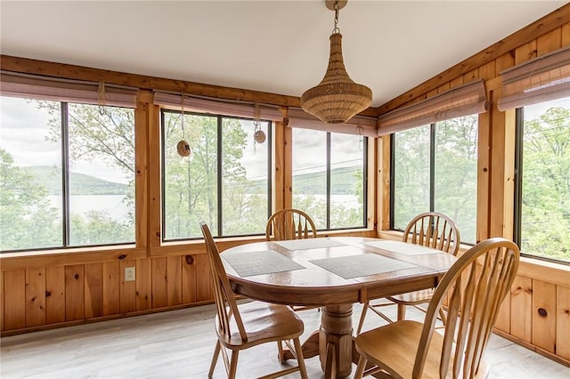 dining room with plenty of natural light, wood walls, lofted ceiling, light wood-style flooring, and a water view