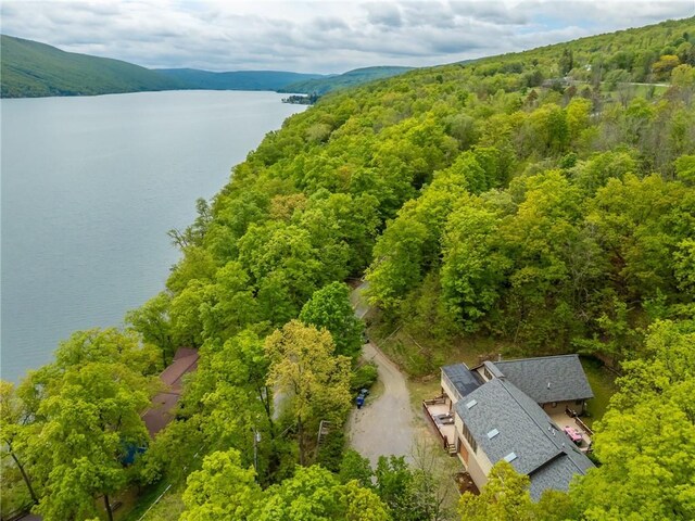 aerial view of property and surrounding area featuring a large body of water and a heavily wooded area