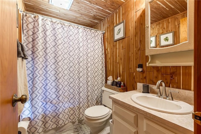 bathroom with wood ceiling, toilet, wood walls, vanity, and a shower with curtain