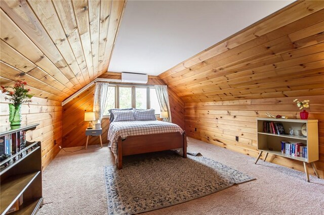 bedroom featuring wooden walls, carpet flooring, an AC wall unit, lofted ceiling, and wood ceiling