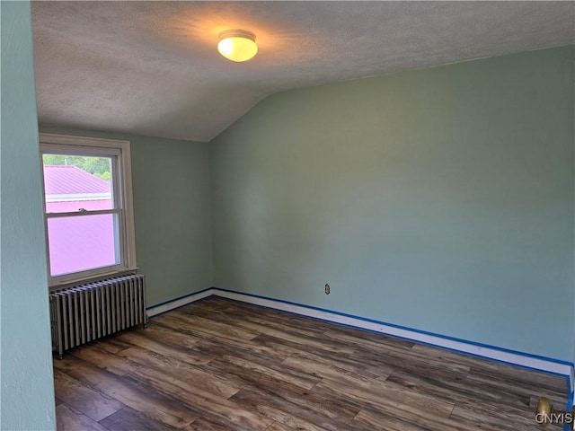 343 N Peterboro St, Lenox, NY 13032 - unfurnished room with radiator, vaulted ceiling, a textured ceiling, dark wood-style flooring, and baseboards