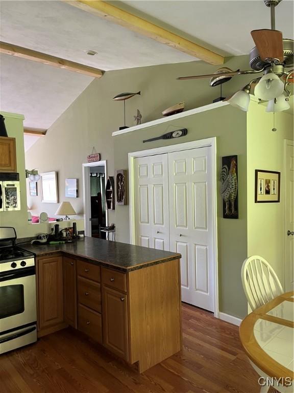 kitchen featuring stainless steel appliances, a peninsula, dark countertops, dark wood-style floors, and ceiling fan
