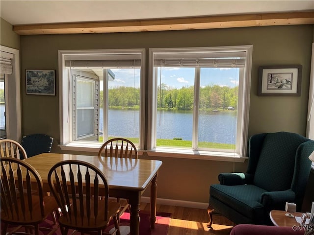 dining area with wood finished floors, plenty of natural light, a water view, and baseboards