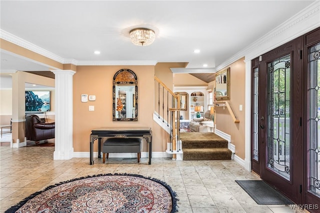 entryway with stairway, baseboards, ornamental molding, recessed lighting, and decorative columns