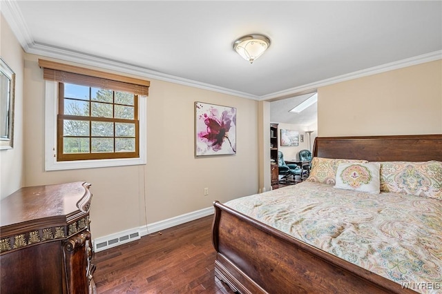 bedroom with dark wood-style floors, ornamental molding, and baseboards