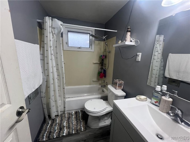 397 Broad St, Tonawanda-City, NY 14150 - bathroom featuring shower / bath combination with curtain, toilet, vanity, and wood finished floors