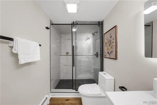 425 W Ln, Lewiston, NY 14092 - full bathroom with a marble finish shower, toilet, wood finished floors, and vanity