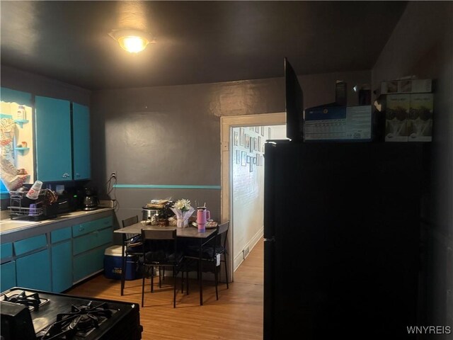 30 Woodell Ave, Cheektowaga, NY 14211 - kitchen with black appliances, blue cabinets, and light wood finished floors