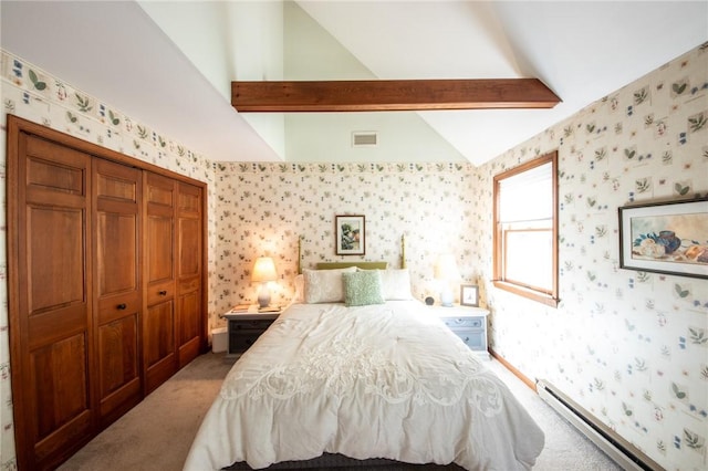 1177 County Highway 26, Otsego, NY 13337 - bedroom with a baseboard radiator, light colored carpet, wallpapered walls, and a closet