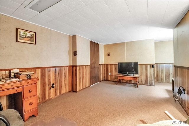 living area with a wainscoted wall, wooden walls, and carpet flooring