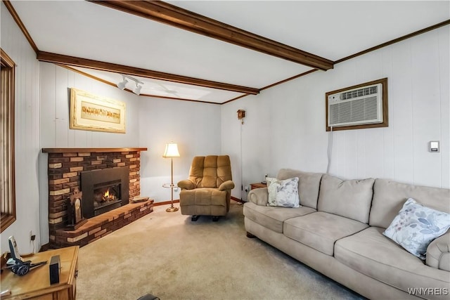 living area featuring carpet floors, beam ceiling, a brick fireplace, a wall mounted air conditioner, and ornamental molding
