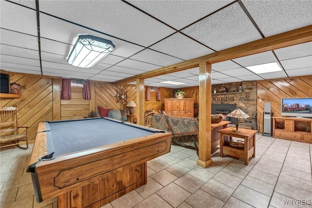 9811 Deer Creek Rd, Genesee, NY 14770 - playroom featuring wooden walls, a paneled ceiling, billiards, and tile patterned flooring