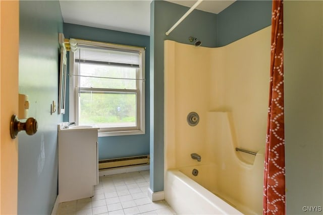 bathroom with baseboard heating, tile patterned flooring, shower / bath combination, baseboards, and a sink