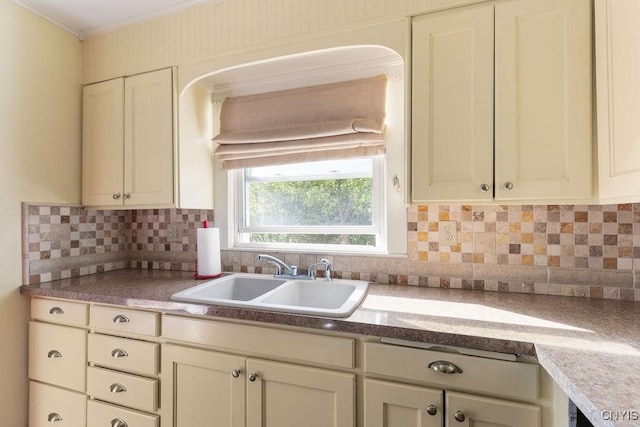 kitchen with a sink, tasteful backsplash, and ornamental molding