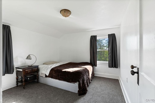 bedroom featuring carpet floors, lofted ceiling, and baseboards