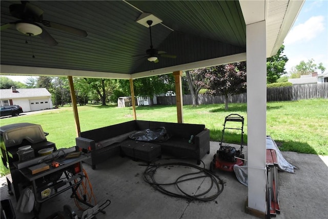 806 Mount Zoar St, Southport, NY 14904 - view of patio / terrace with ceiling fan, a storage shed, and an outdoor structure